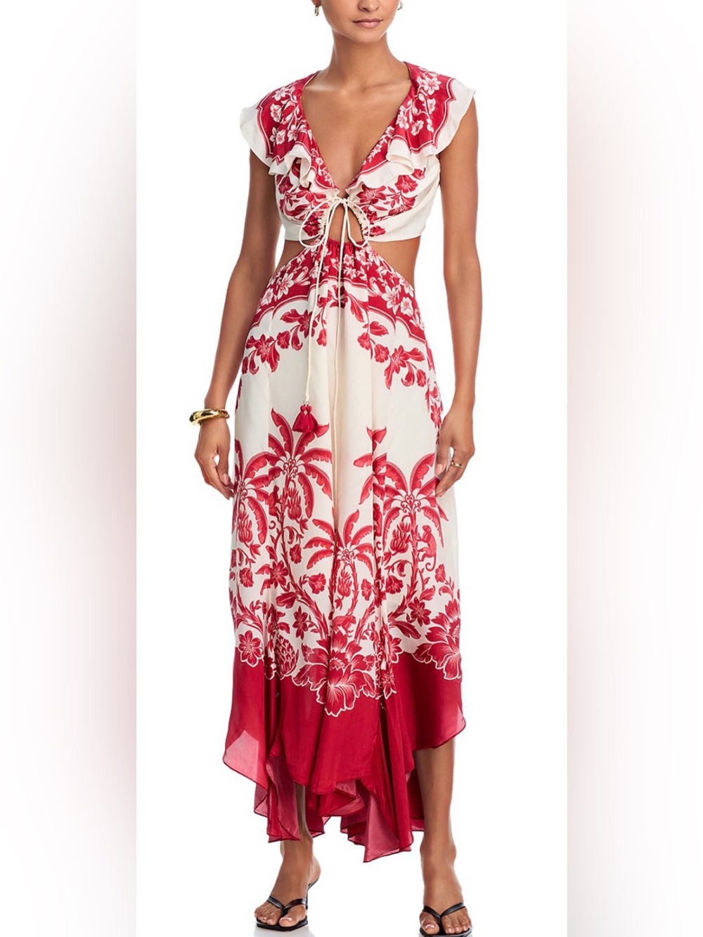 FARM Rio Guanacaste Sand Cutout Dress - Red & Cream